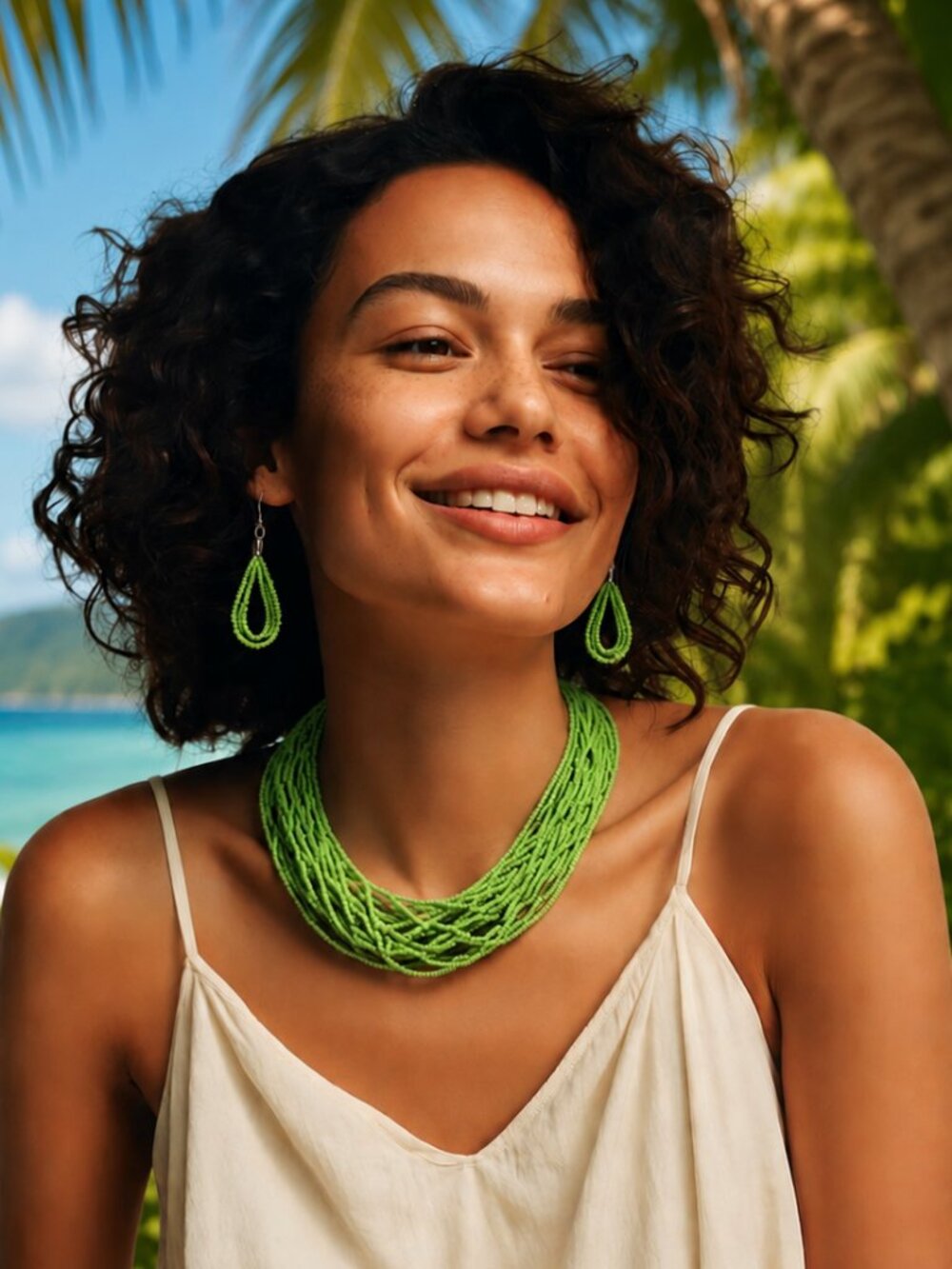 Bright Green Colorful Beaded Necklace and Earrings Set